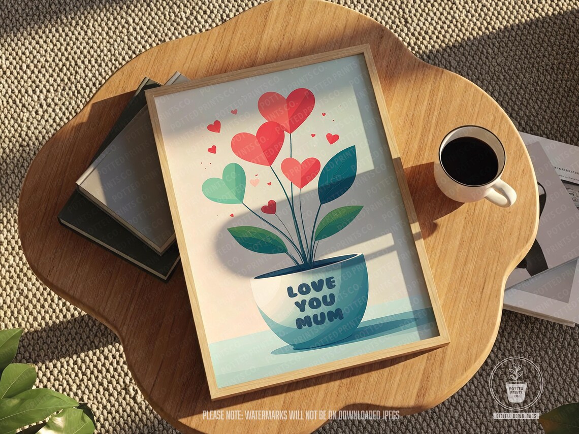Love You Mum Heart Flower Blooms In Potted Plant Sweet Gift Print