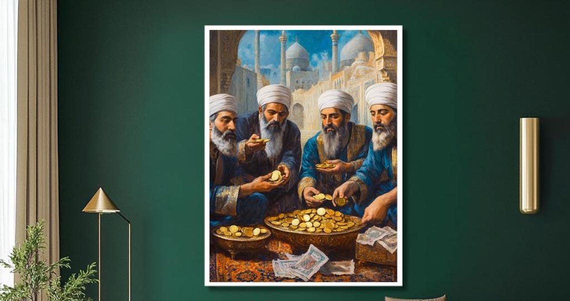 Middle Eastern Merchants Counting Gold Coins at Bazaar Poster