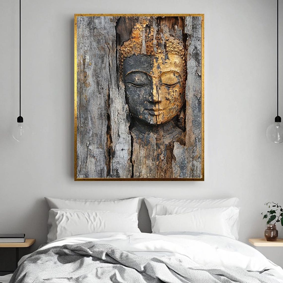 Ancient Weathered Wood Buddha Face With Gilded Gold Accents Poster - Image 2