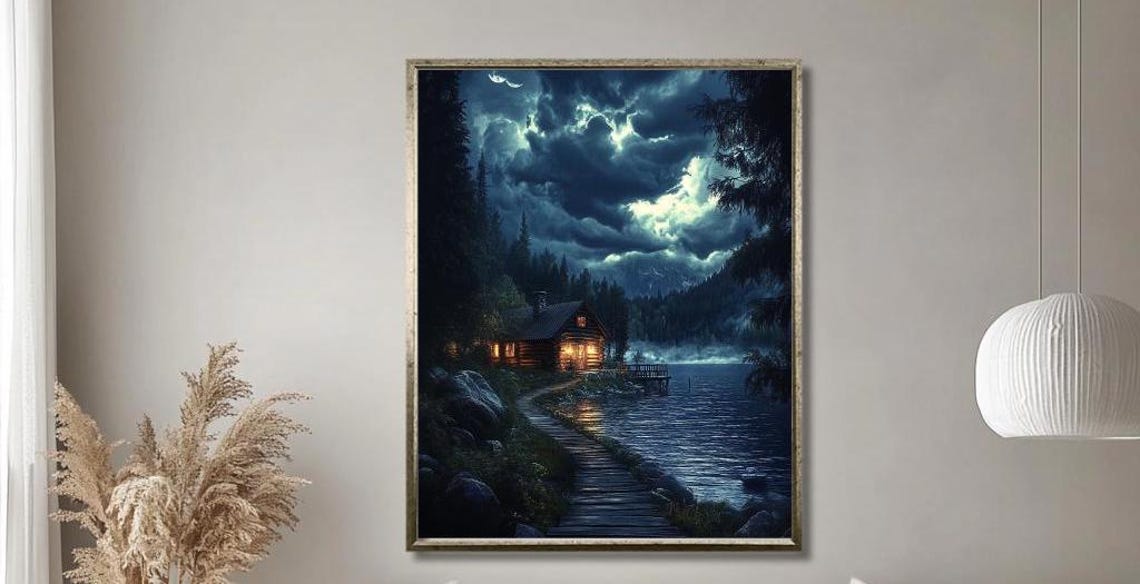 Moonlit Log Cabin By The Lake Wooden Boardwalk Night Scene Poster