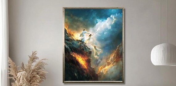 Christ Lifting a Soul to Heaven Above Flames on a Rocky Cliff Poster