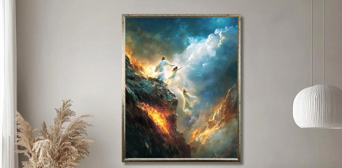 Christ Lifting a Soul to Heaven Above Flames on a Rocky Cliff Poster