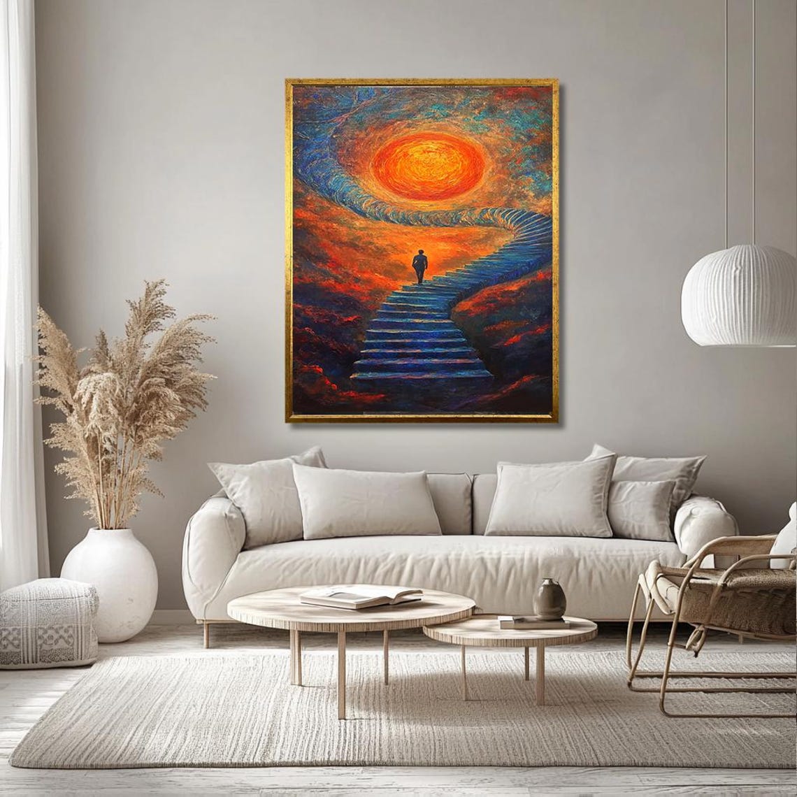 Surreal Stairway Climbing to a Fiery Sun Lone Silhouette Dream Print - Image 3