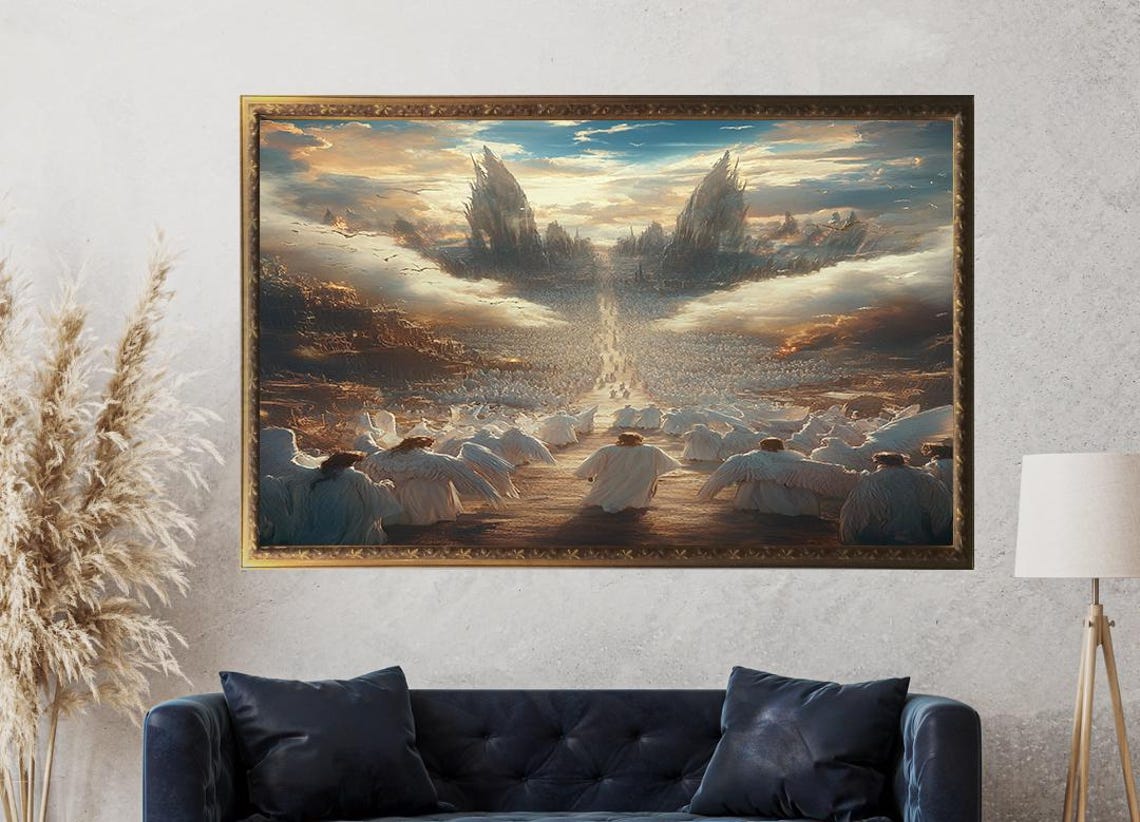 Angels Gathered Before A Radiant Celestial City In Clouds Poster