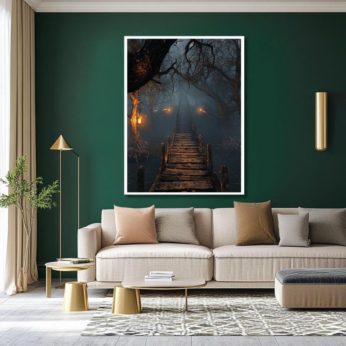 Mystical Forest Bridge Wall Art Enchanted Pathway With Lanterns In Foggy Woods Dark Fantasy Decor For Living Room Large - Image 2