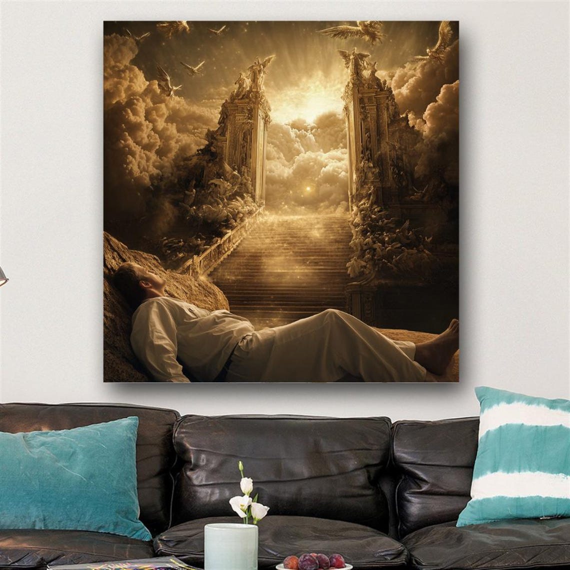 Man Gazing Up at Golden Stairway to Heaven Through the Clouds Poster - Image 3