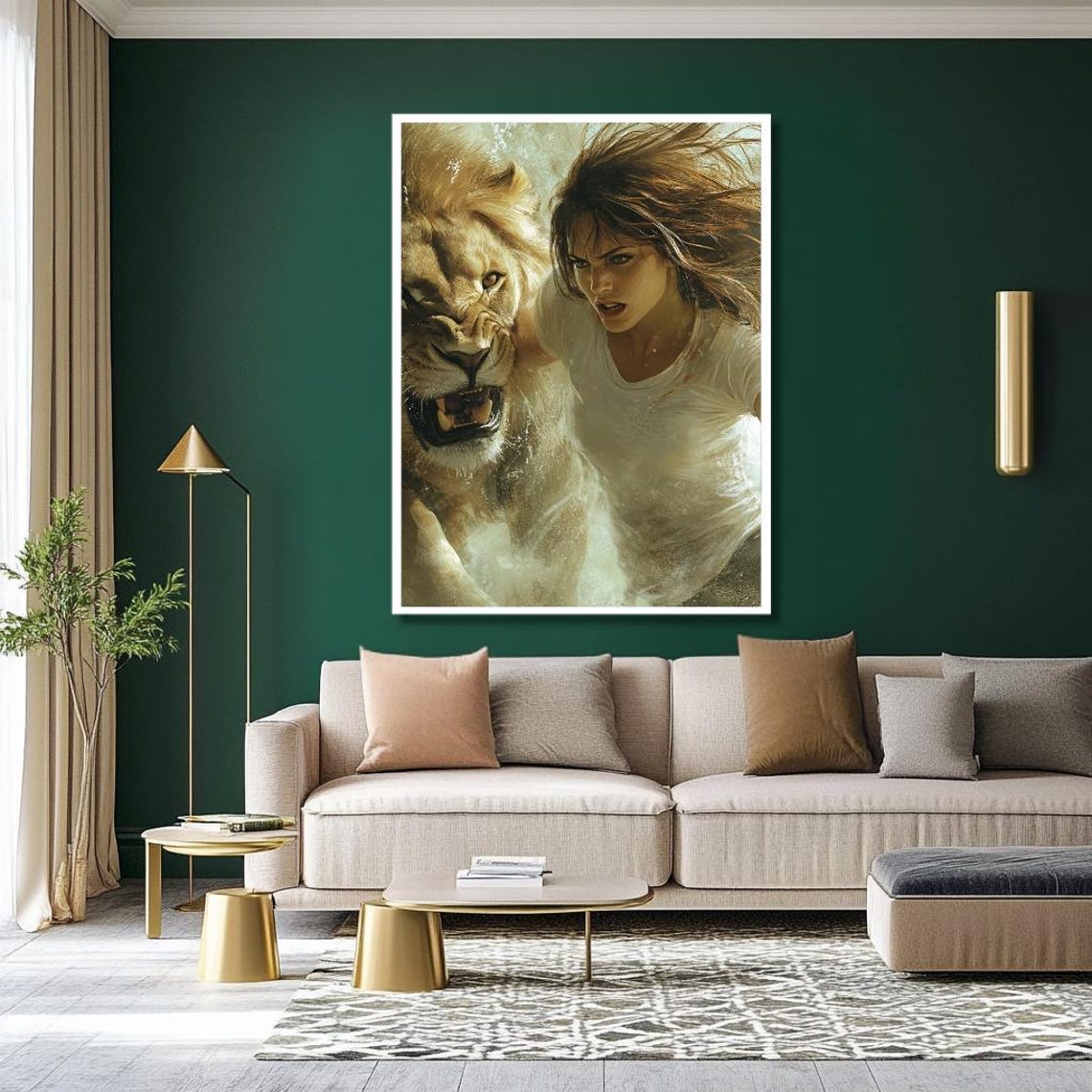 Fierce Warrior Woman Charging Beside a Roaring Lion Art Poster - Image 3