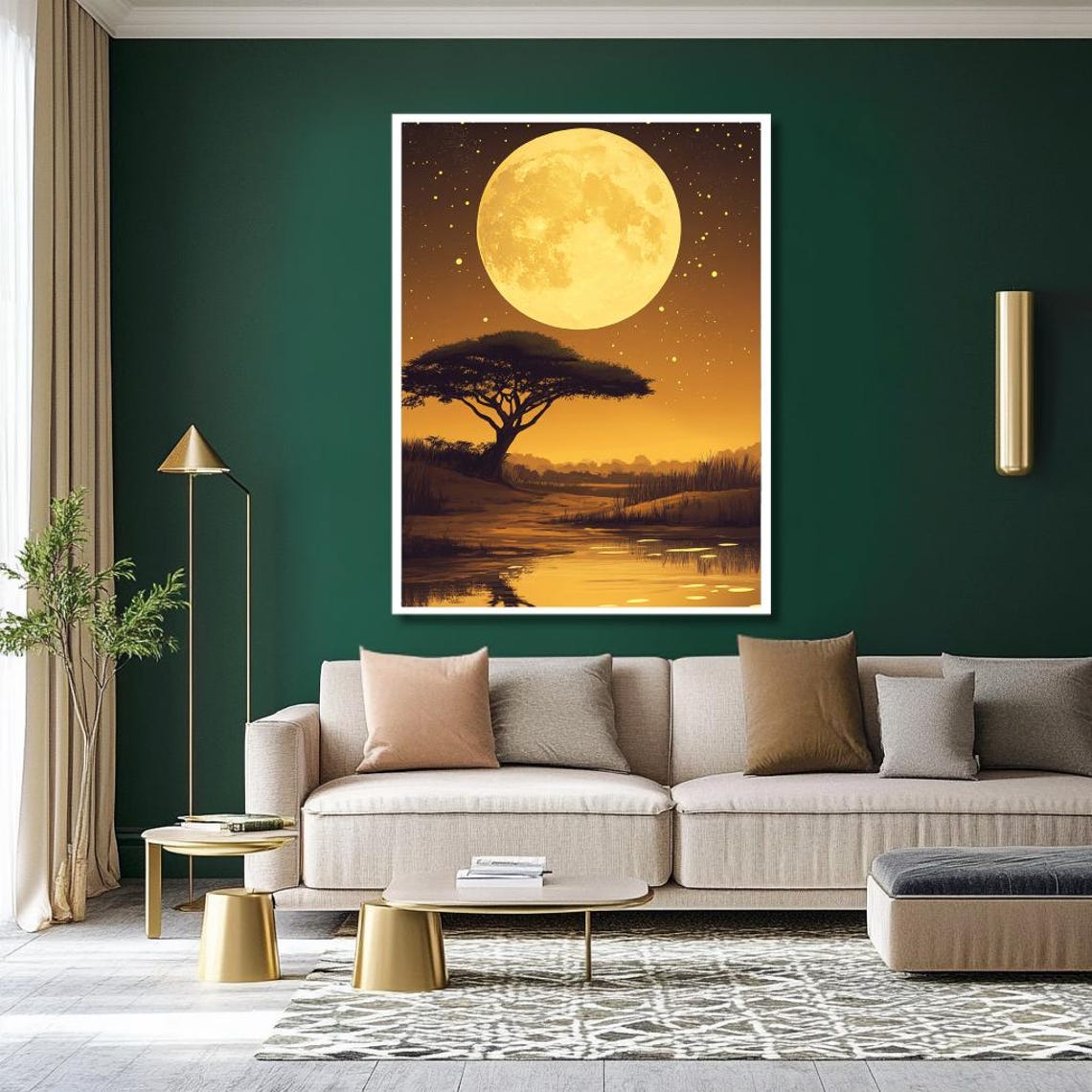 Golden Full Moon Over African Savannah Acacia Tree Night Poster - Image 2
