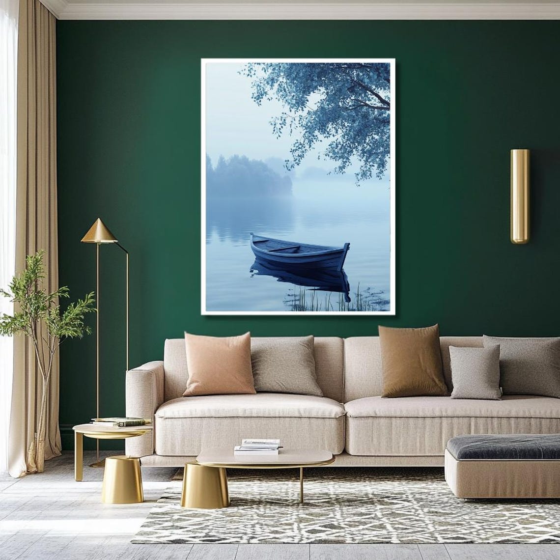 Blue Rowboat On Misty Morning Lake Calm Blue Nature Scene Poster - Image 2