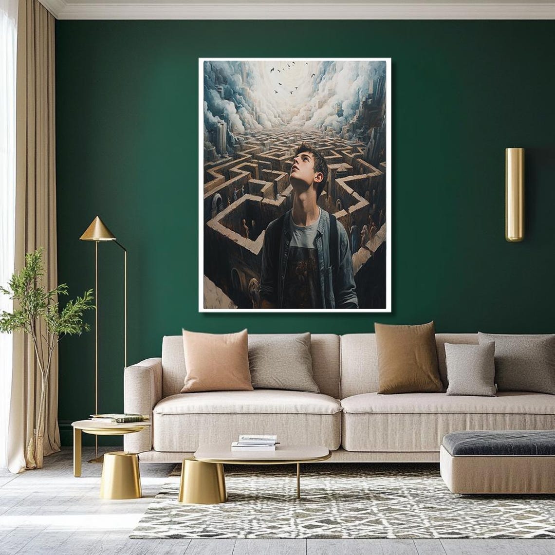 Surreal Maze Of Life Art Dreamlike Portrait Of Man In Labyrinth With Cloud Filled Sky Symbolic Wall Decor For Reflective Spaces - Image 2