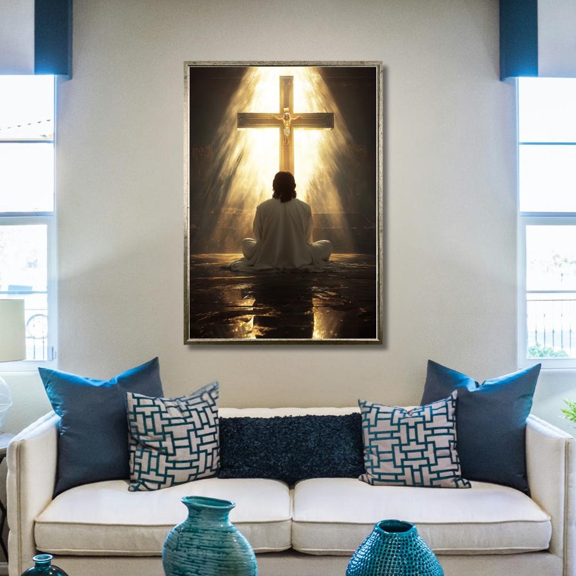 Praying Figure Before A Glowing Crucifix In Divine Light Poster - Image 2