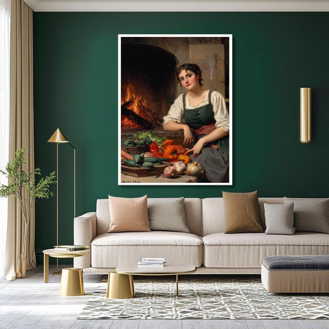 Vintage Kitchen Maid with Vegetables by Fireplace Classic Art Poster - Image 2
