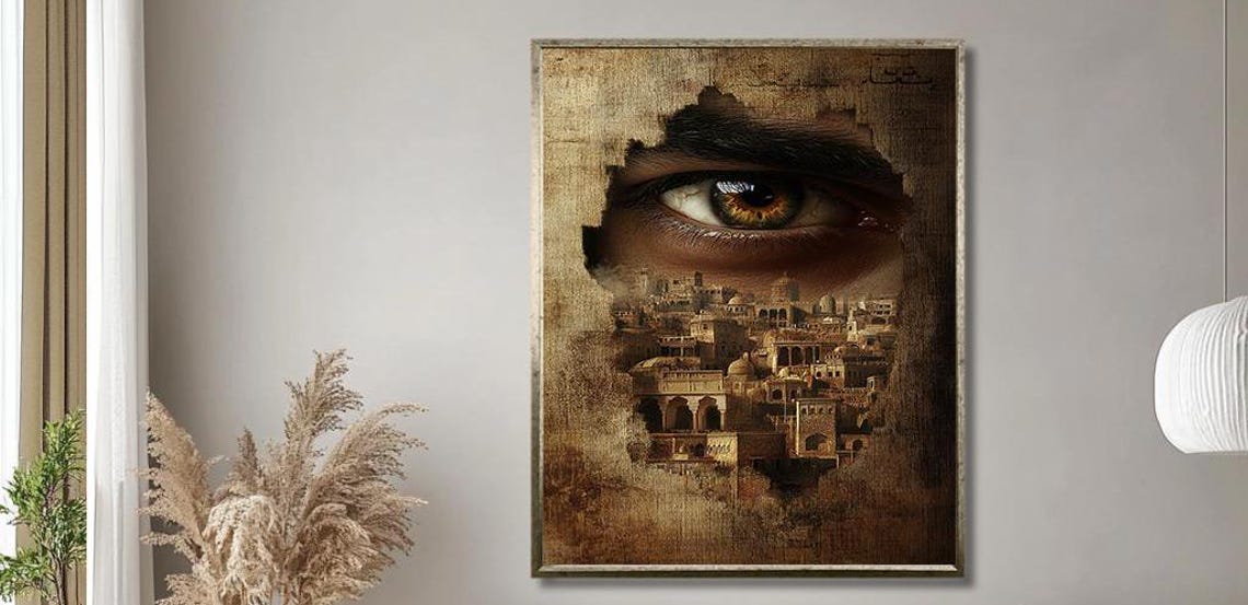 Giant Watching Eye Over Ancient Desert City Sepia Surreal Art Print