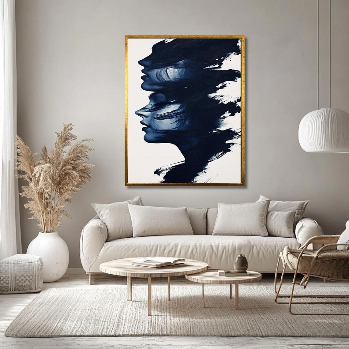 Navy Blue Brushstroke Double Female Profile Modern Art Poster - Image 3