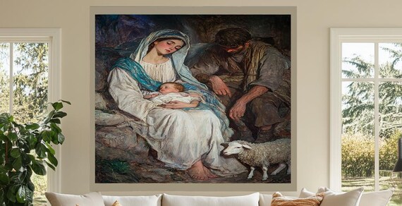 Nativity Scene Holy Family With Joseph And Lamb Christmas Poster