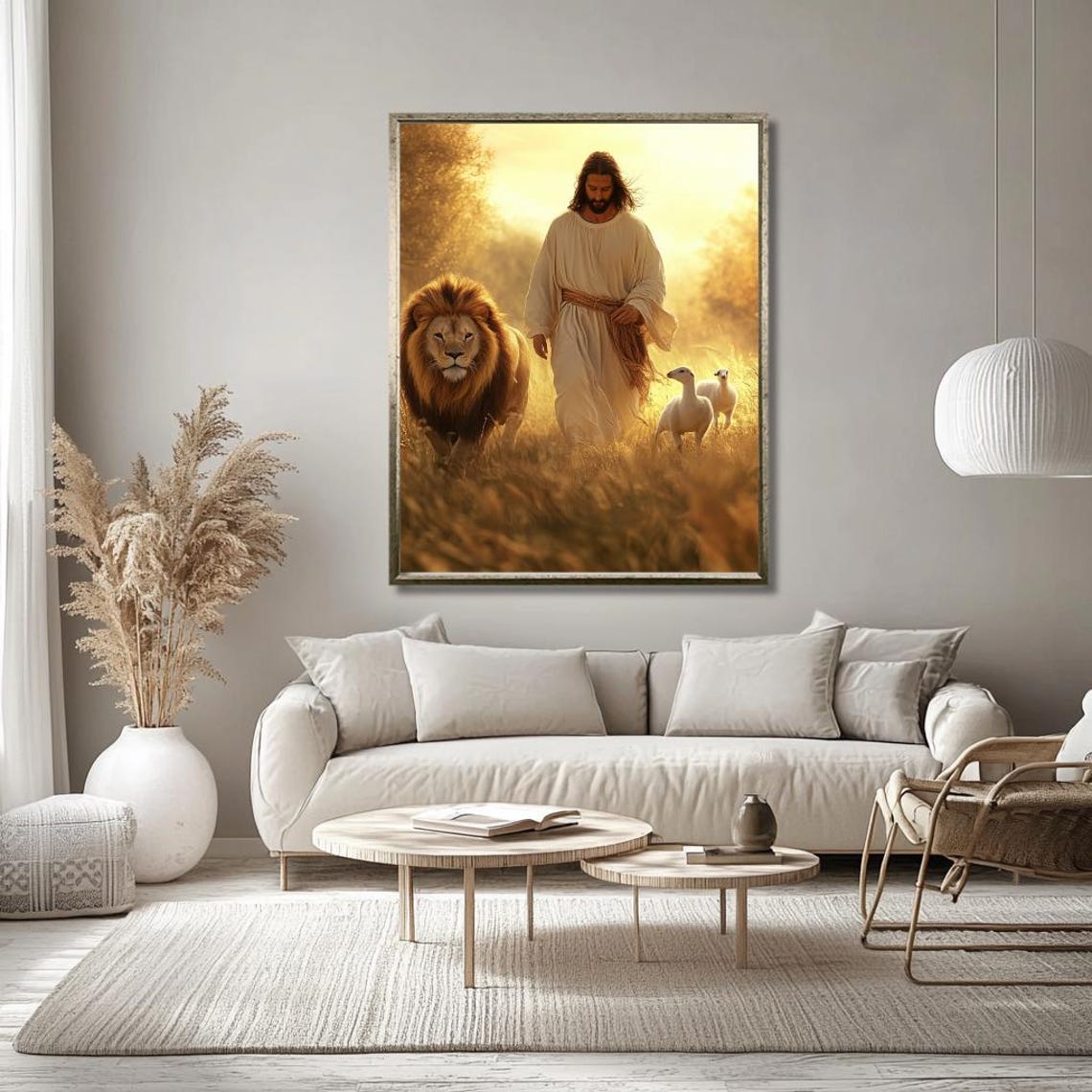 Jesus Walking With Lion and Lambs in Golden Morning Light Poster - Image 3