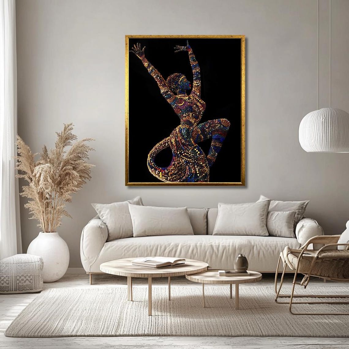 Colorful Ballerina Wall Art Vibrant Beaded Dancer Silhouette On Black Background Elegant And Artistic Decor For Living Room - Image 3