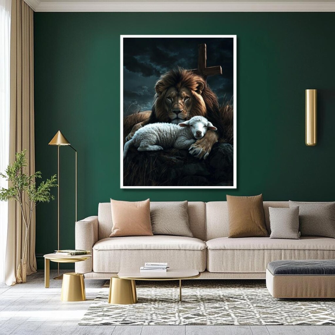 Lion And Lamb Resting With Wooden Cross At Night Christian Faith Poster For Home - Image 3