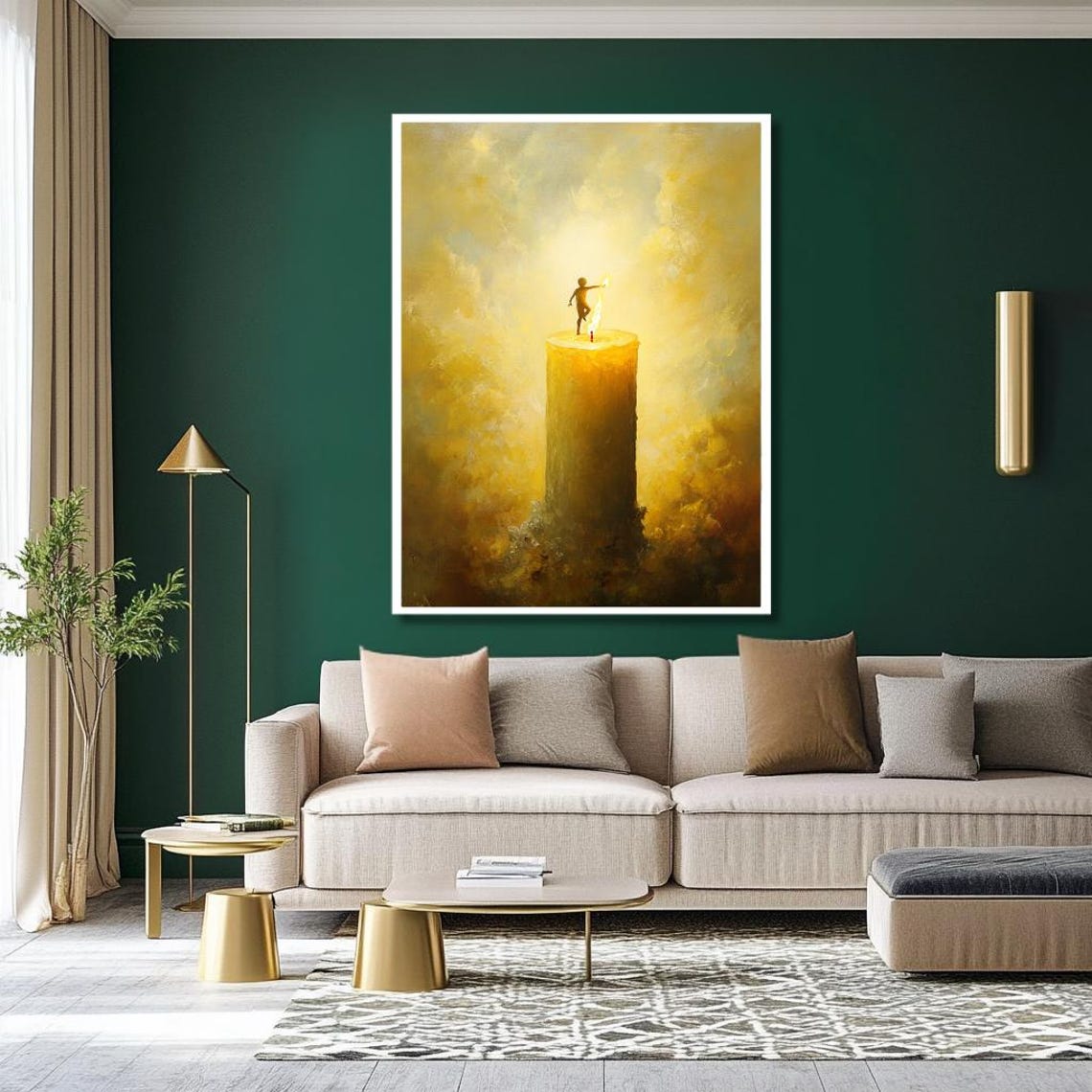 Tiny Figure Balancing On A Giant Candle Flame In Golden Light Poster - Image 2
