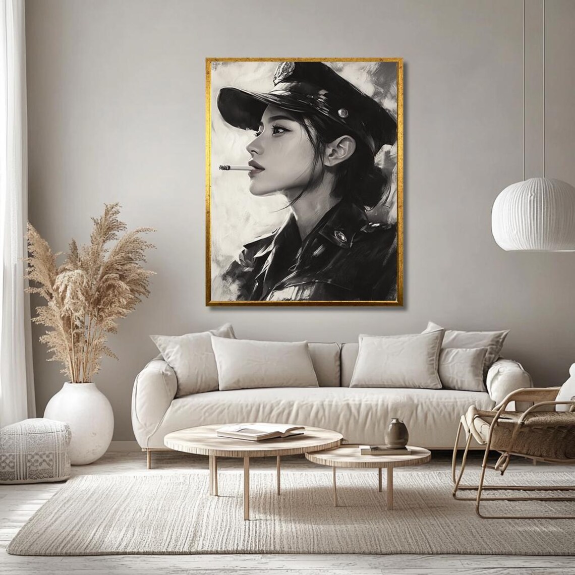 Cinematic Noir Woman in a Military Cap Black and White Portrait Print - Image 3