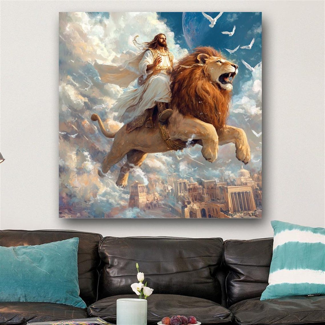 Jesus Riding the Lion of Judah Soaring Through the Clouds Poster - Image 3