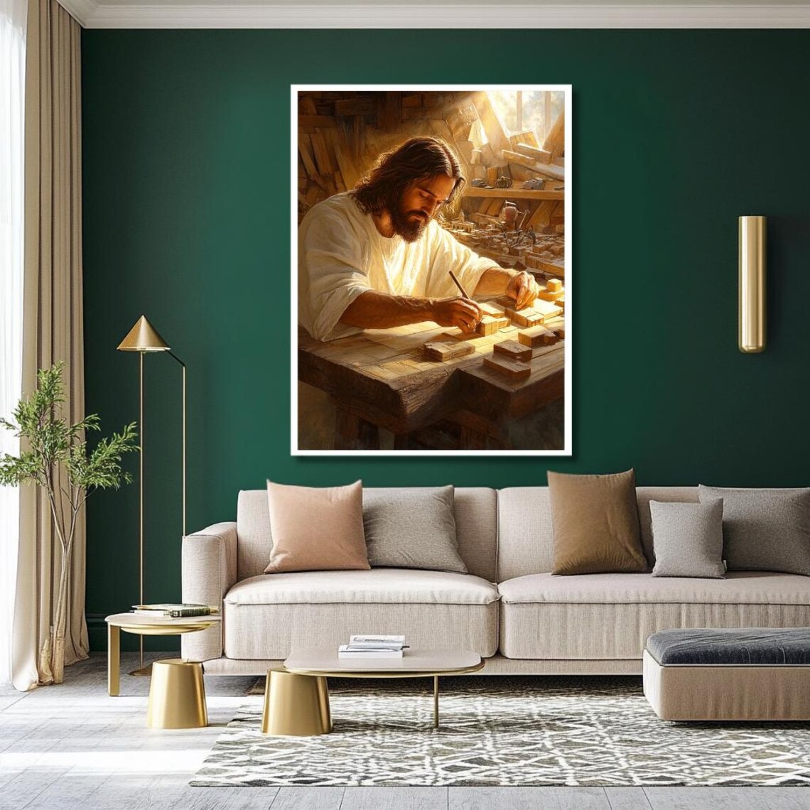 Jesus Working Wood In The Carpenter Workshop Christian Faith Art Poster - Image 3