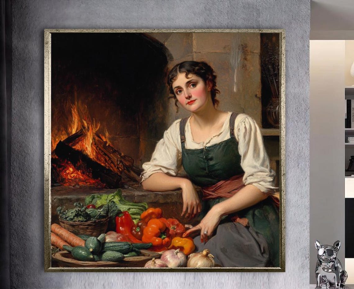 Vintage Kitchen Maid with Vegetables by Fireplace Classic Art Poster