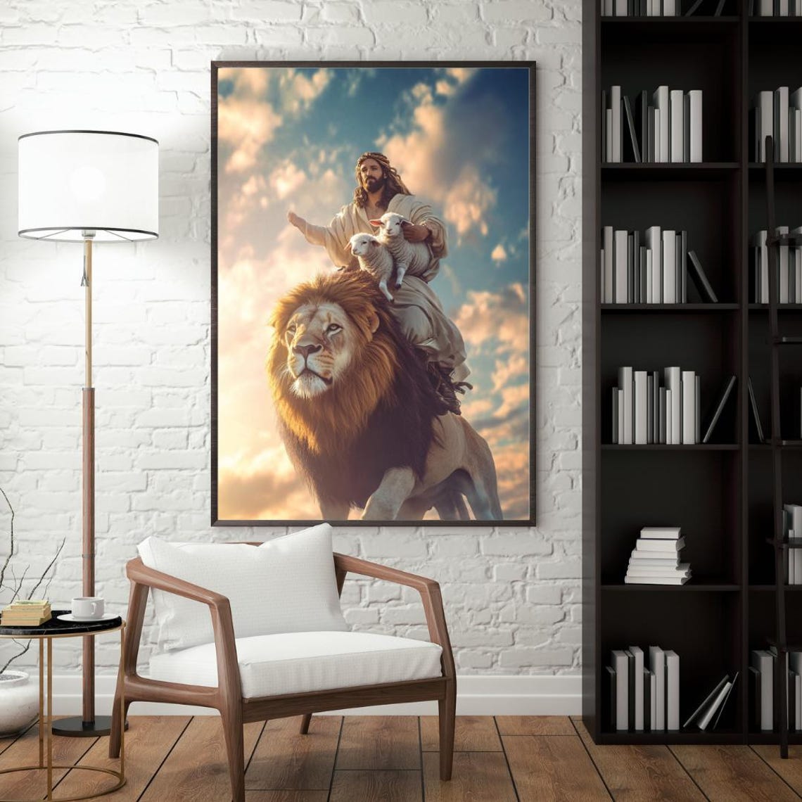 Jesus Riding Lion with Lambs Peaceful Kingdom Heavenly Art Poster - Image 2