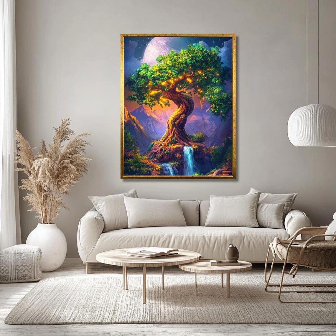 Enchanted Tree Wall Art Magical Forest Landscape With Glowing Lights And Waterfall Fantasy Nature Decor For Living Room - Image 2