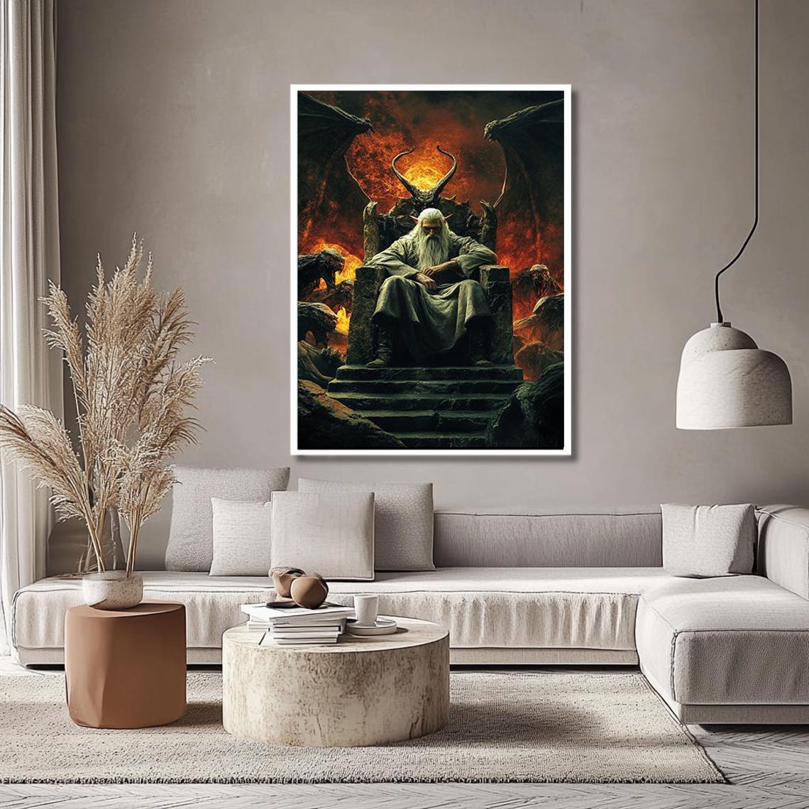Wizard King on a Throne With Fire Demons Dark Fantasy Epic Poster - Image 2