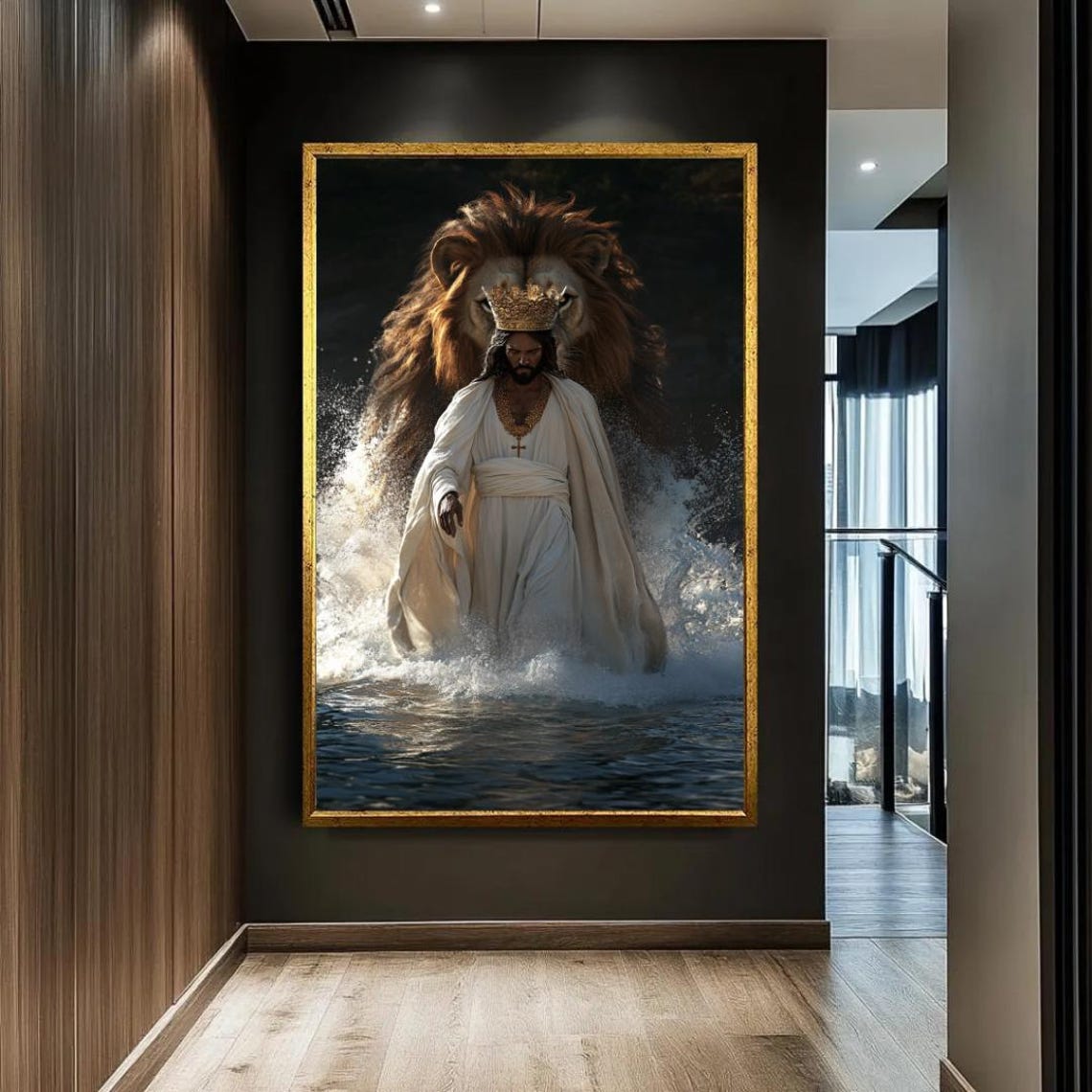 Crowned Jesus Walking on Water with Lion Behind King Spirit Poster - Image 3