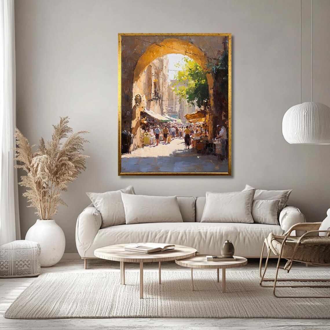 Sunlit Mediterranean Archway And Bustling Market Street Poster - Image 3