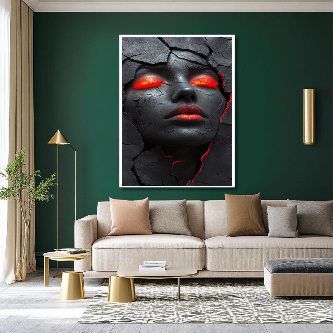 Cracked Black Stone Face With Glowing Red Lava Eyes Dark Art Poster - Image 2