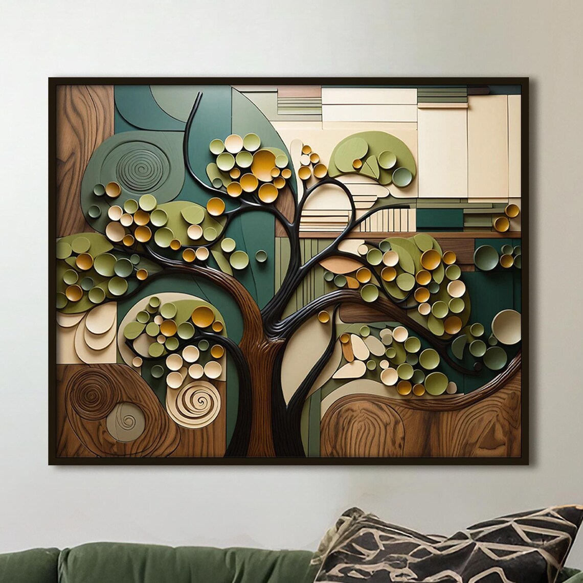 Abstract Tree of Life Green Gold Circles Wood Grain Modern Poster