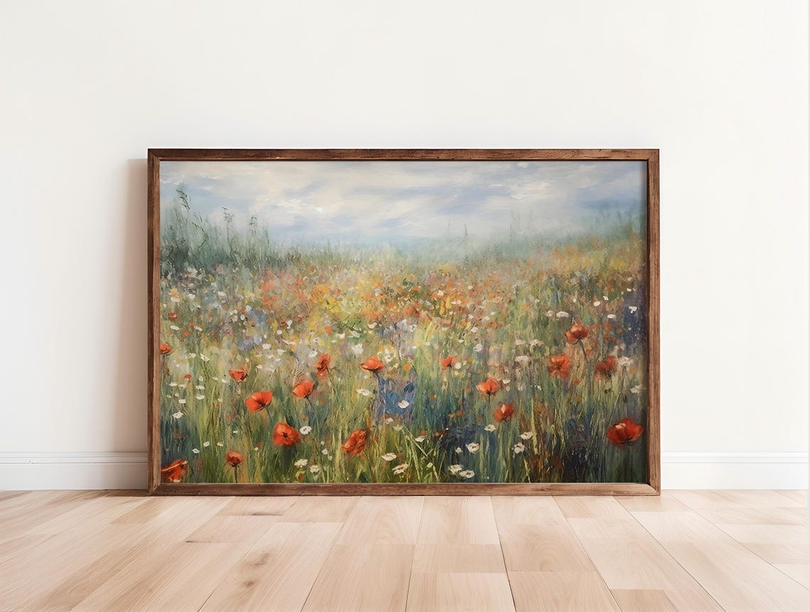Wildflower Meadow Poppies Impressionist Oil Painting Nature Art Poster