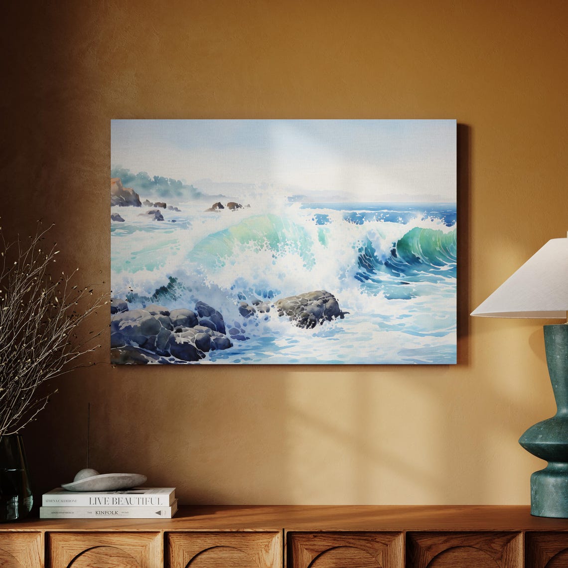 Ocean Waves Crashing Against Rocky Shoreline Seascape Wall Poster