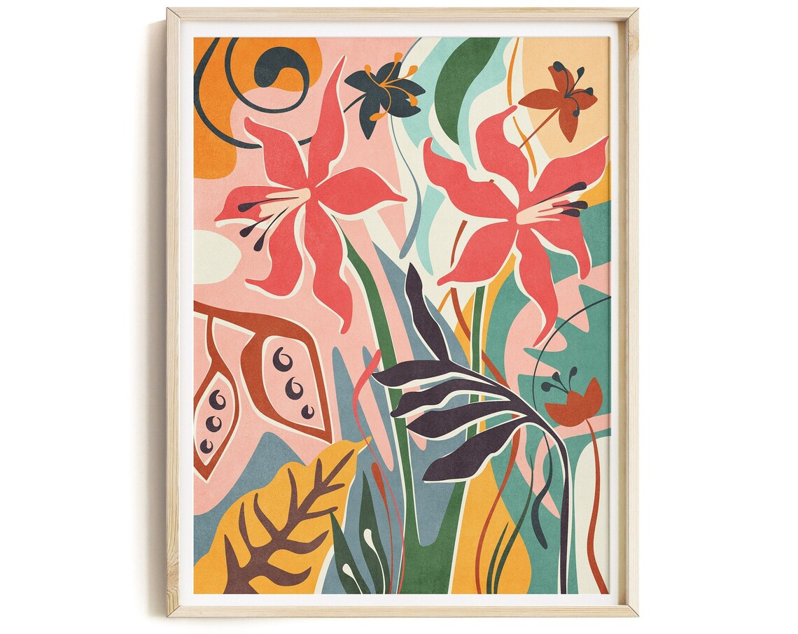 Abstract Coral Lily Flowers Modern Botanical Illustration Poster
