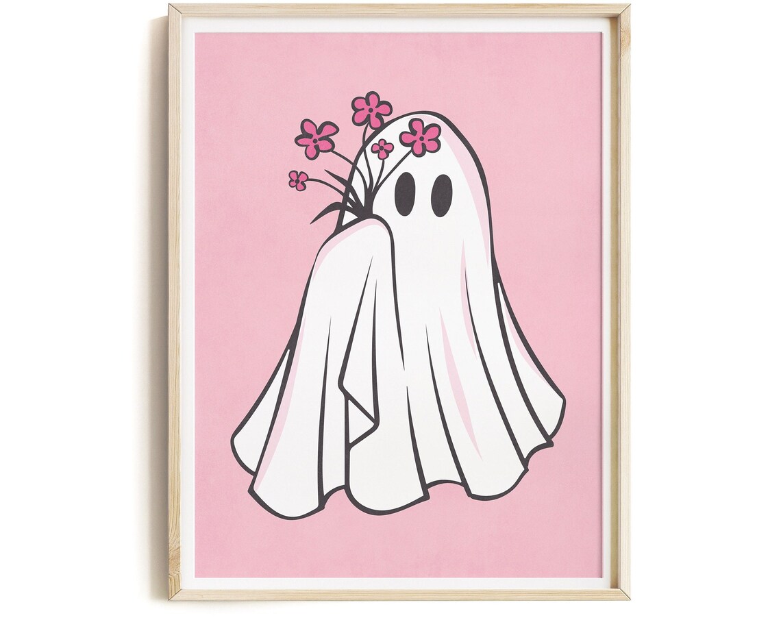 Cute Ghost Holding Pink Flowers on Blush Pink Background Halloween Print - Image 3
