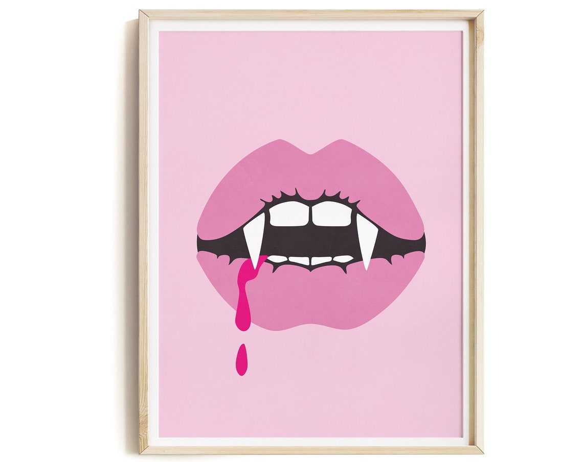 Pink Vampire Lips Fangs Dripping Blood Girly Halloween Poster - Image 3
