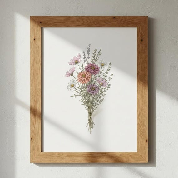 Pastel Cottage Garden Bouquet Print Wildflower Posy Botanical Illustration