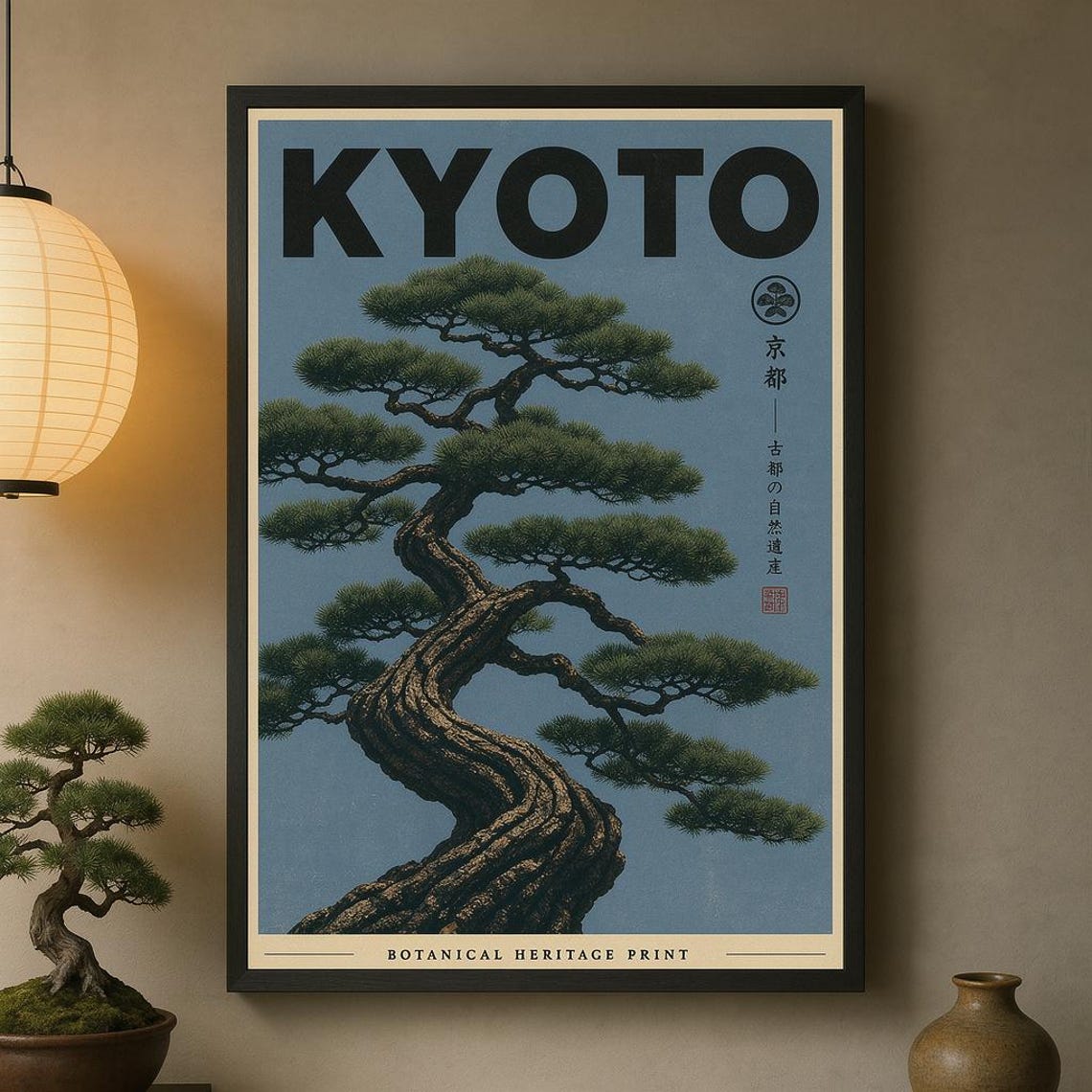 Japanese Botanical Poster Kyoto Pine Tree Wall Art
