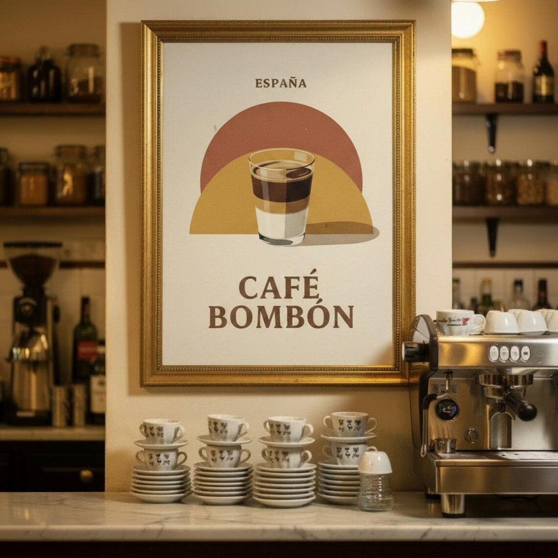 Espana Cafe Bombon Vintage Layered Coffee Glass Retro Art Poster