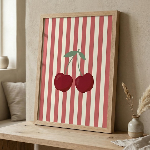 Retro Cherries on Red Cream Stripes Fruit Kitchen Wall Poster