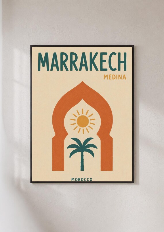 Marrakech Medina Morocco Travel Poster Moroccan Arch Wall Art Retro Boho Print