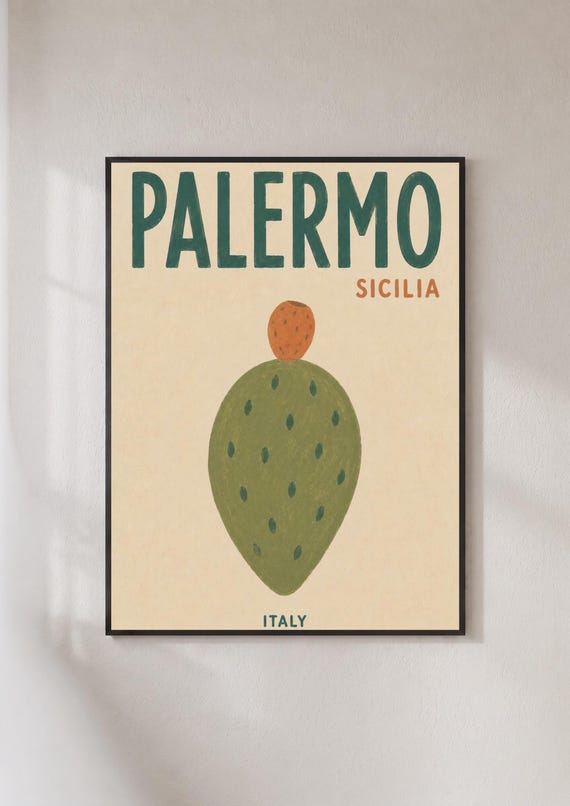 Palermo Sicily Travel Poster Prickly Pear Cactus Italy Wall Art Print