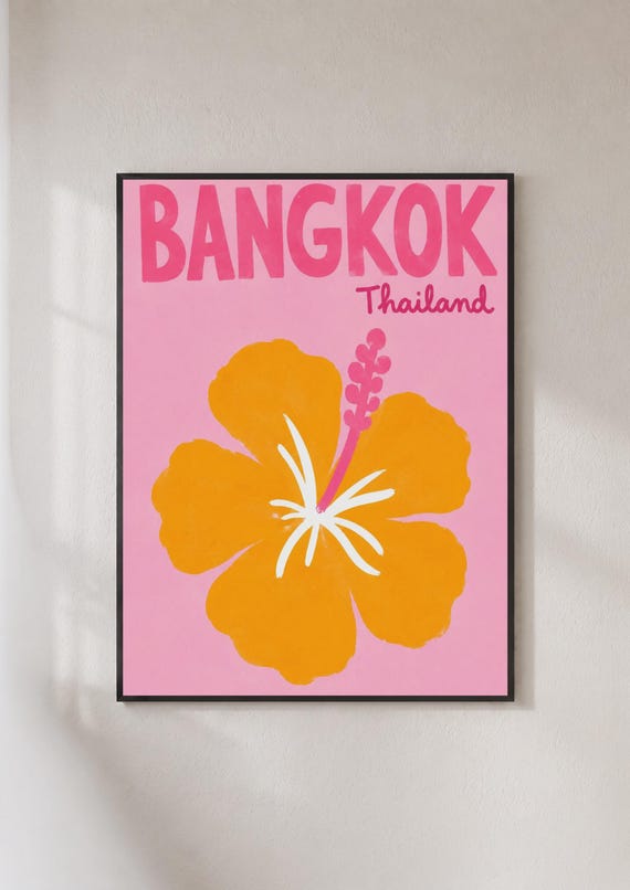 Bangkok Thailand Poster Hibiscus Flower Wall Art Tropical Travel Print Pink Orange Decor
