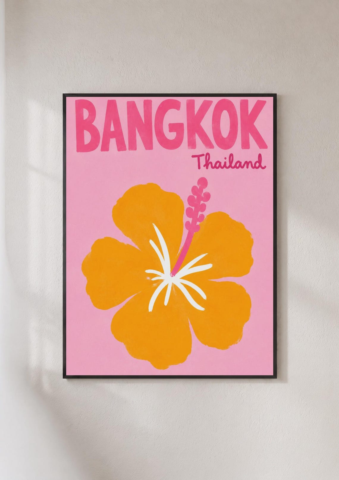 Bangkok Thailand Retro Travel Poster Pink Hibiscus Tropical Decor
