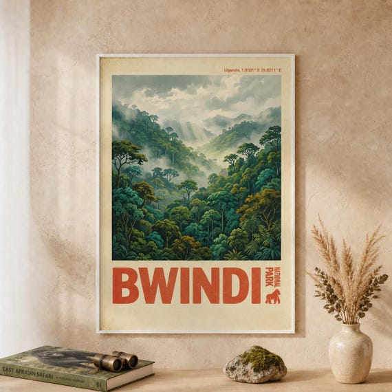 Bwindi Impenetrable National Park Print Vintage Uganda Travel Poster Gorilla Rainforest Wall Art