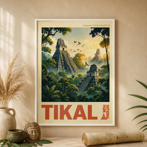 Tikal National Park Guatemala Mayan Temples Jungle Macaws Travel Poster