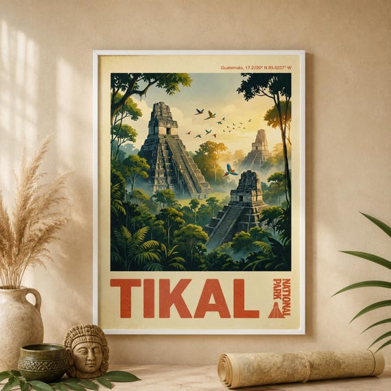 Tikal National Park Print Vintage Guatemala Travel Mayan Ruins Jungle Landscape Poster